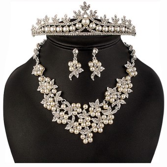 SET bijuterii mireasa colier cercei tiara diadema cu perle si cristale#1